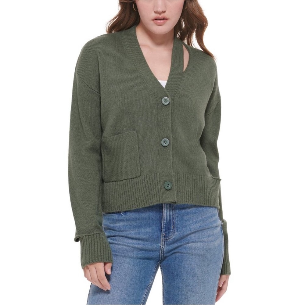 NWT Calvin Klein Olive Green V-Neck Cardigan with Cutouts